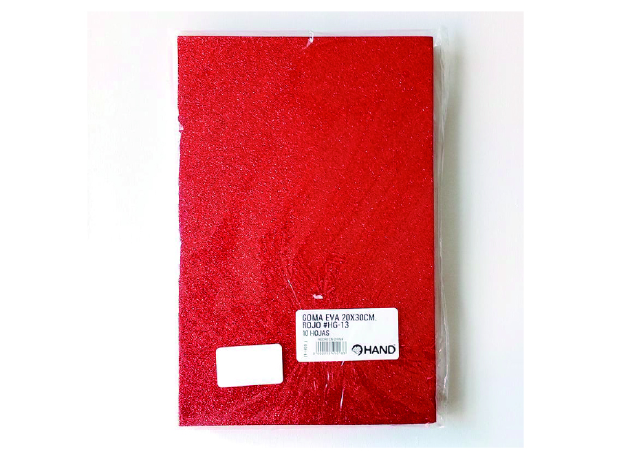  GOMA EVA 30X20 X 10 UN 2MM C/GLITTER ROJO HAND 
