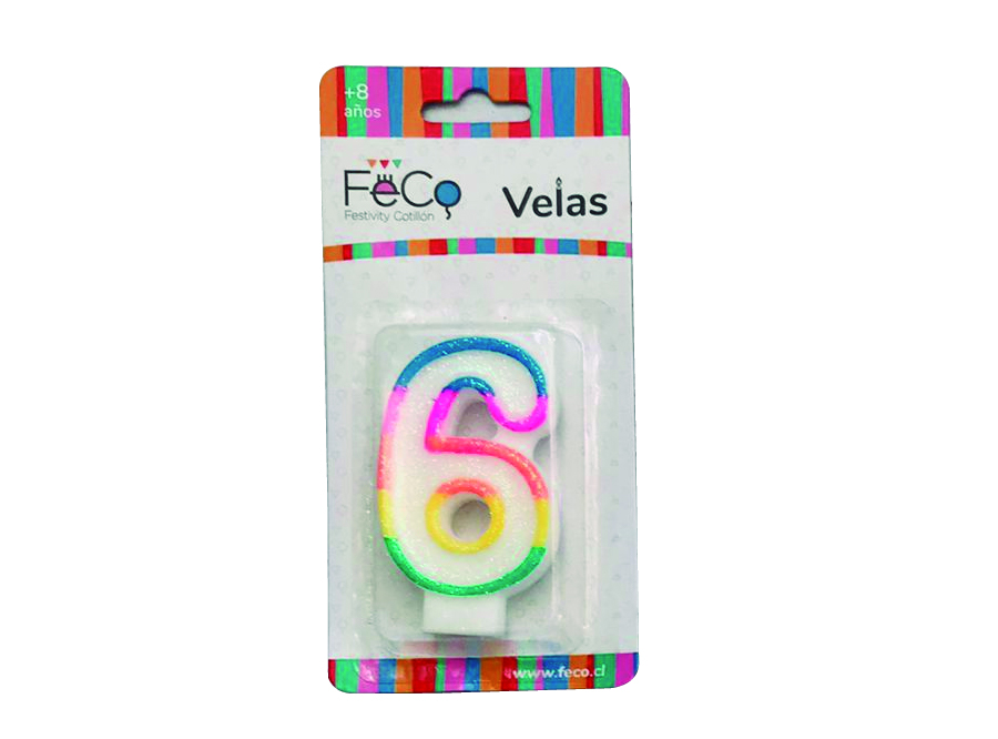  VELA CUMPLEAOS N.  6 X 1 UN C/GLITER FECO 