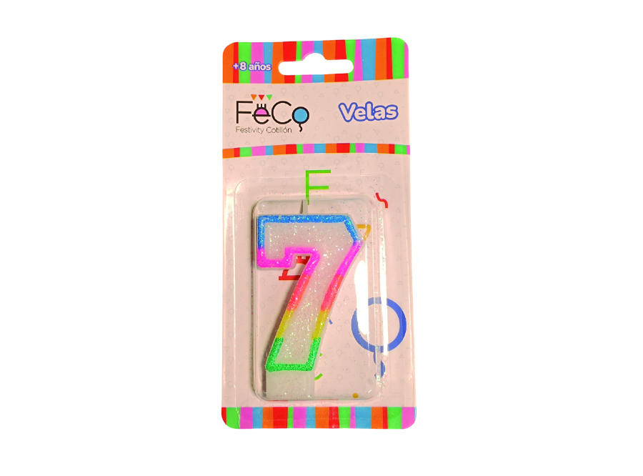  VELA CUMPLEAOS N.  7 X 1 UN C/GLITER FECO 