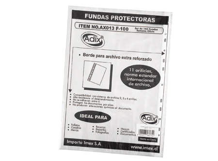  FUNDA PLASTICA OFICIO PQ X 100 UN LOMO BLANCO ADIX 